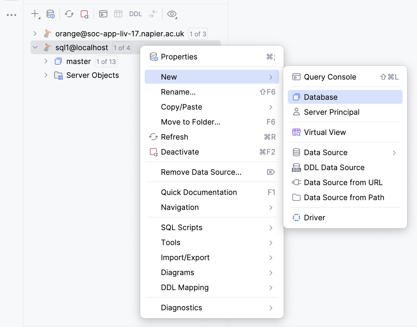 Fig. 4. Creating a new database in DataGrip