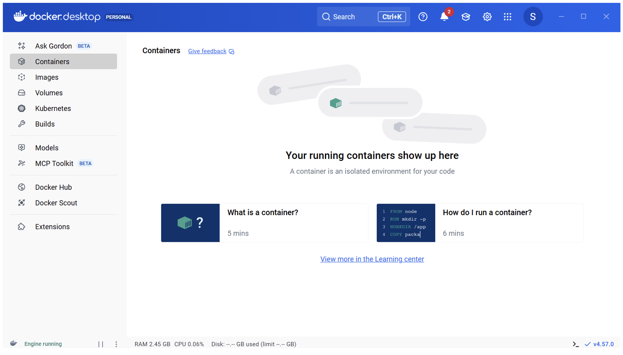 Fig. 2. Docker Desktop running on Windows
