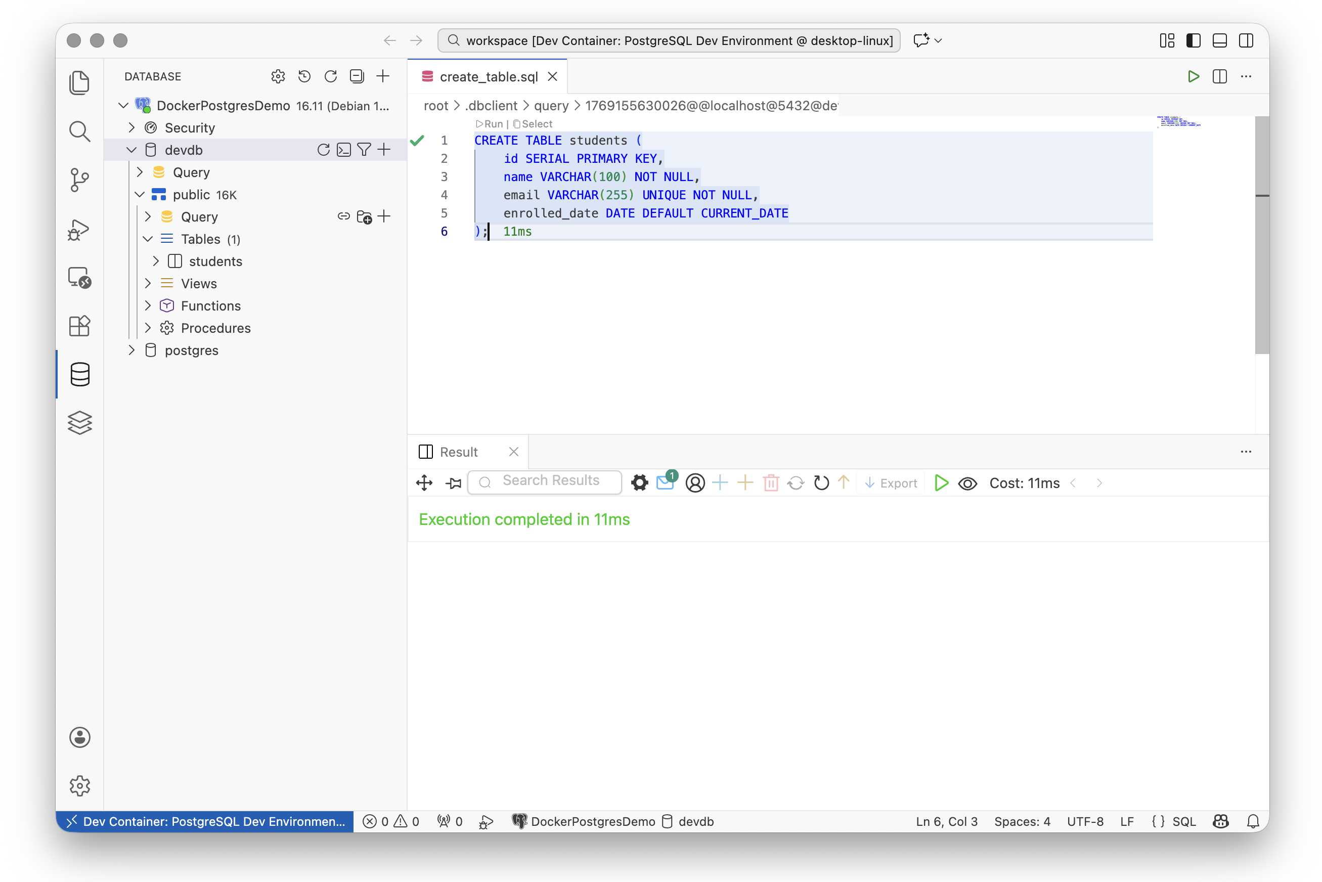 Fig. 10. Creating a test table in PostgreSQL