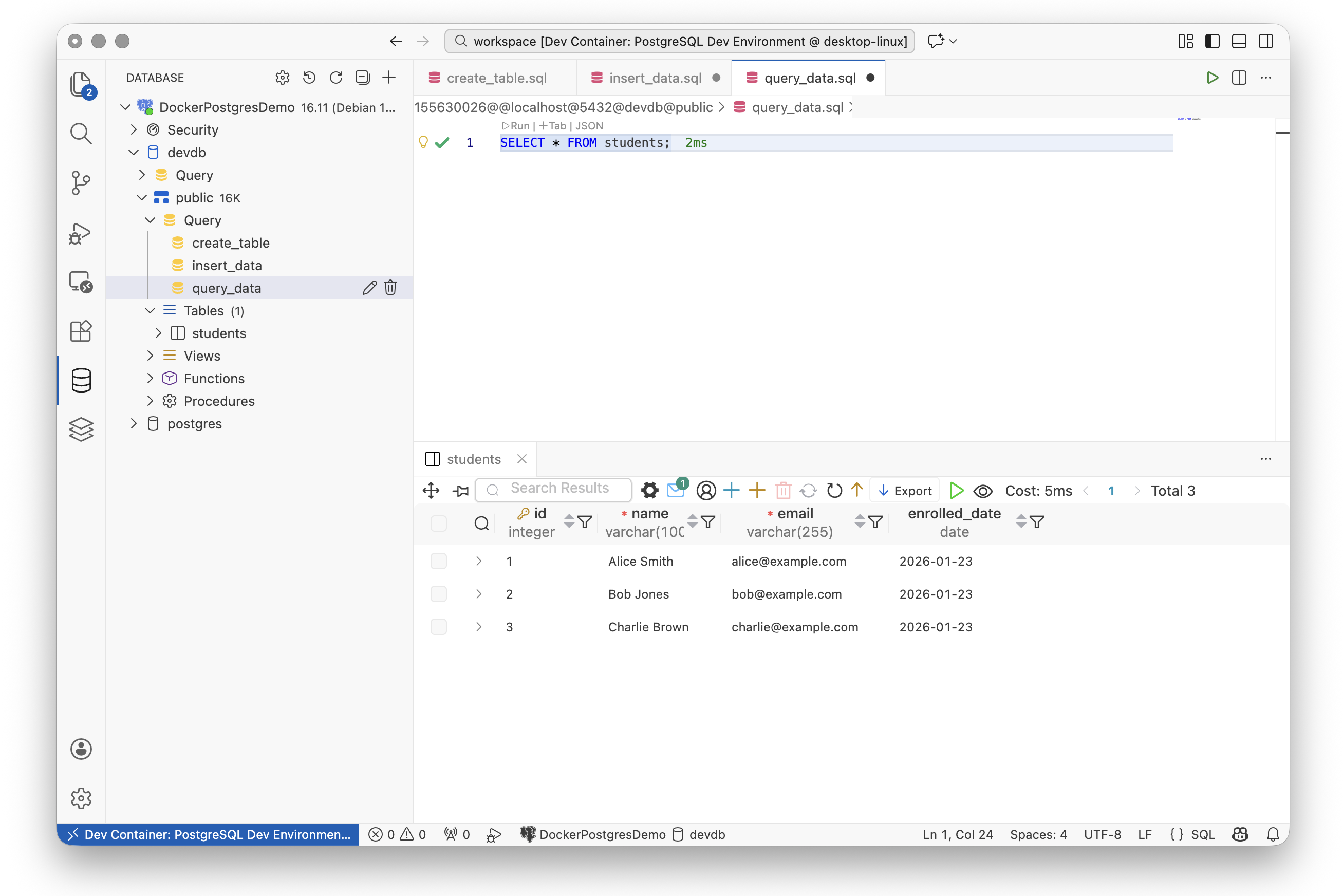Fig. 11. Query results showing test data
