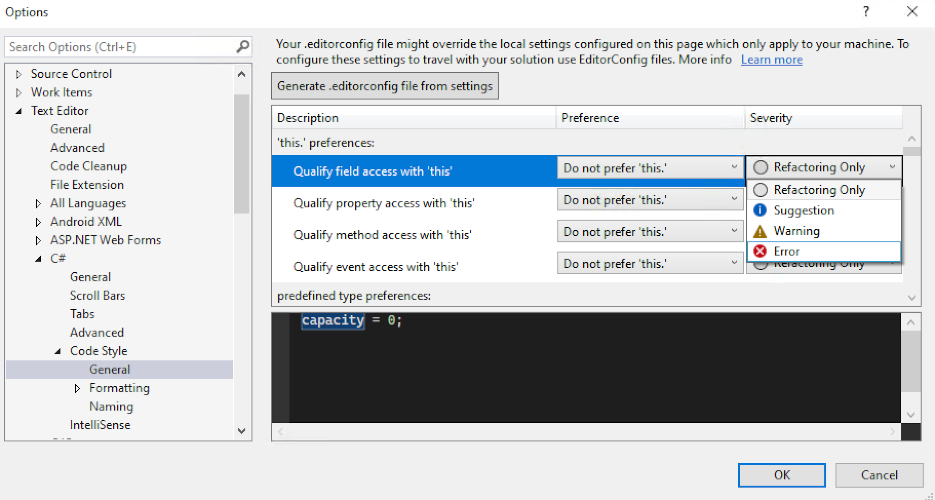 Fig. 4. Visual Studio code analysis options