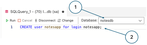 Fig. 5. Creating a new user for the notesapp login in Azure Data Studio