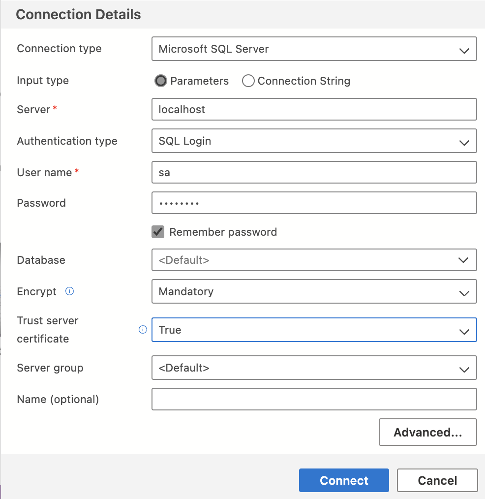 Fig. 1. Creating a local database connection in Azure Data Studio