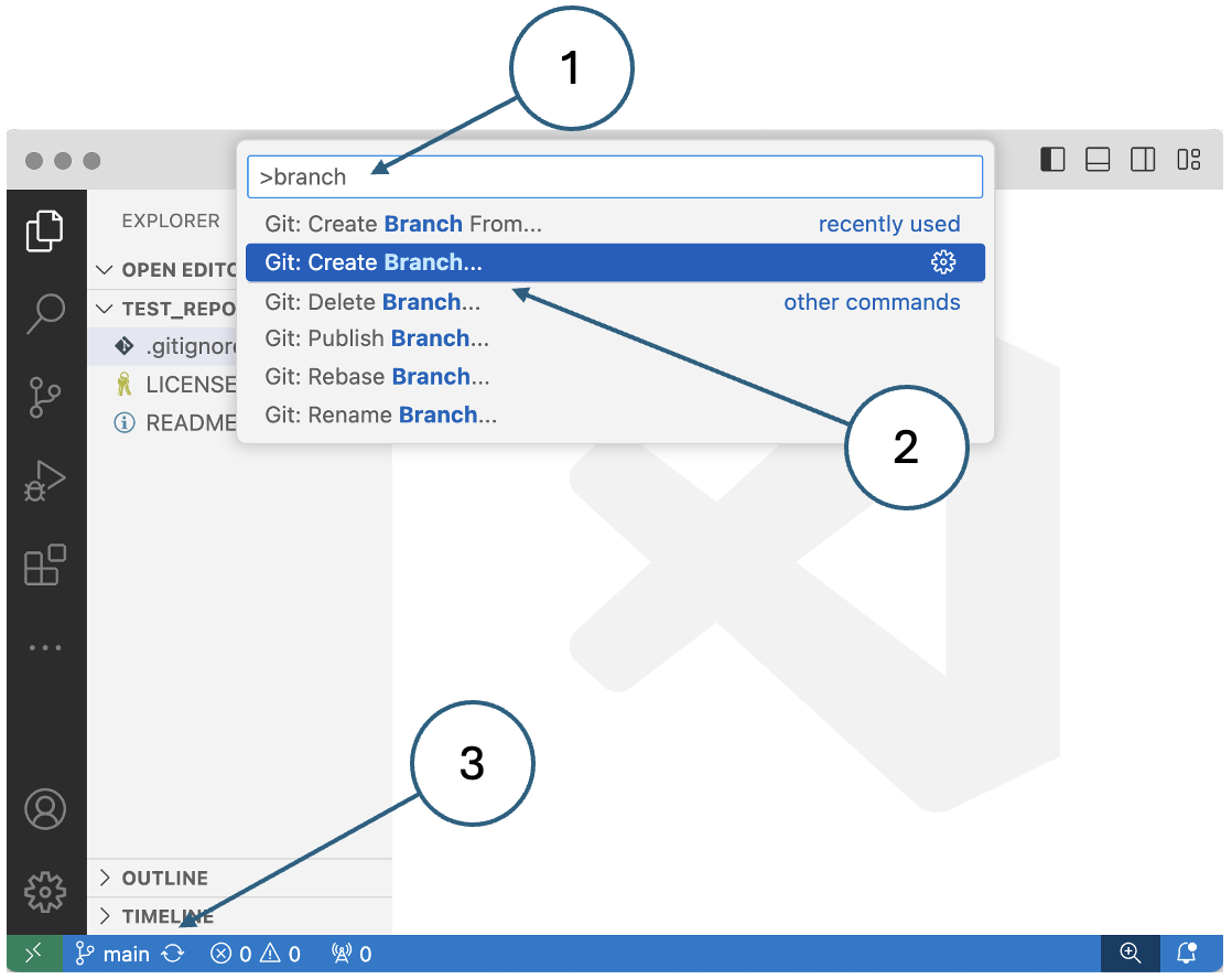 Fig. 12. Creating a new branch in VSCode