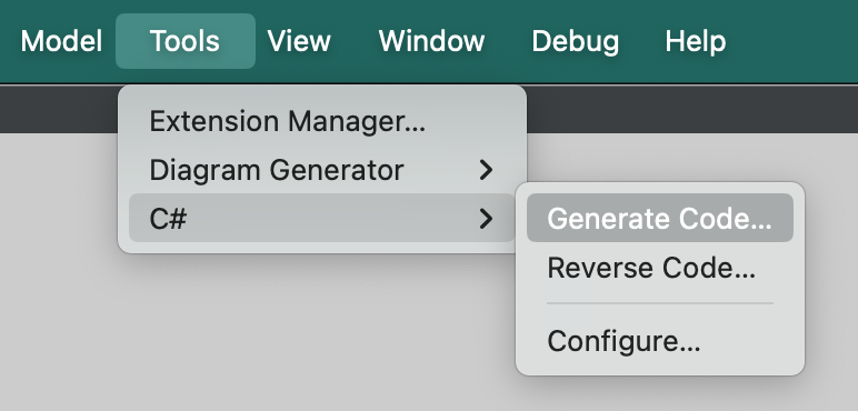 Fig. 6. C# options on the StarUML menu.